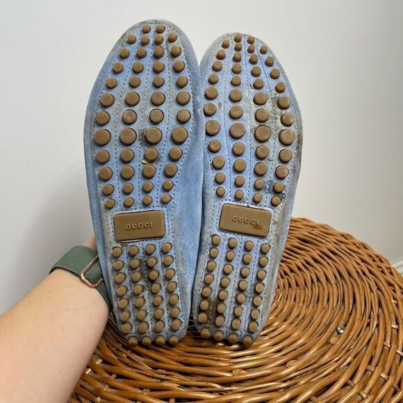 Gucci Moccasin Suede Driver Loafer Flats Slip On Light Blue Bamboo Tassel 7‎ - Picture 3 of 9
